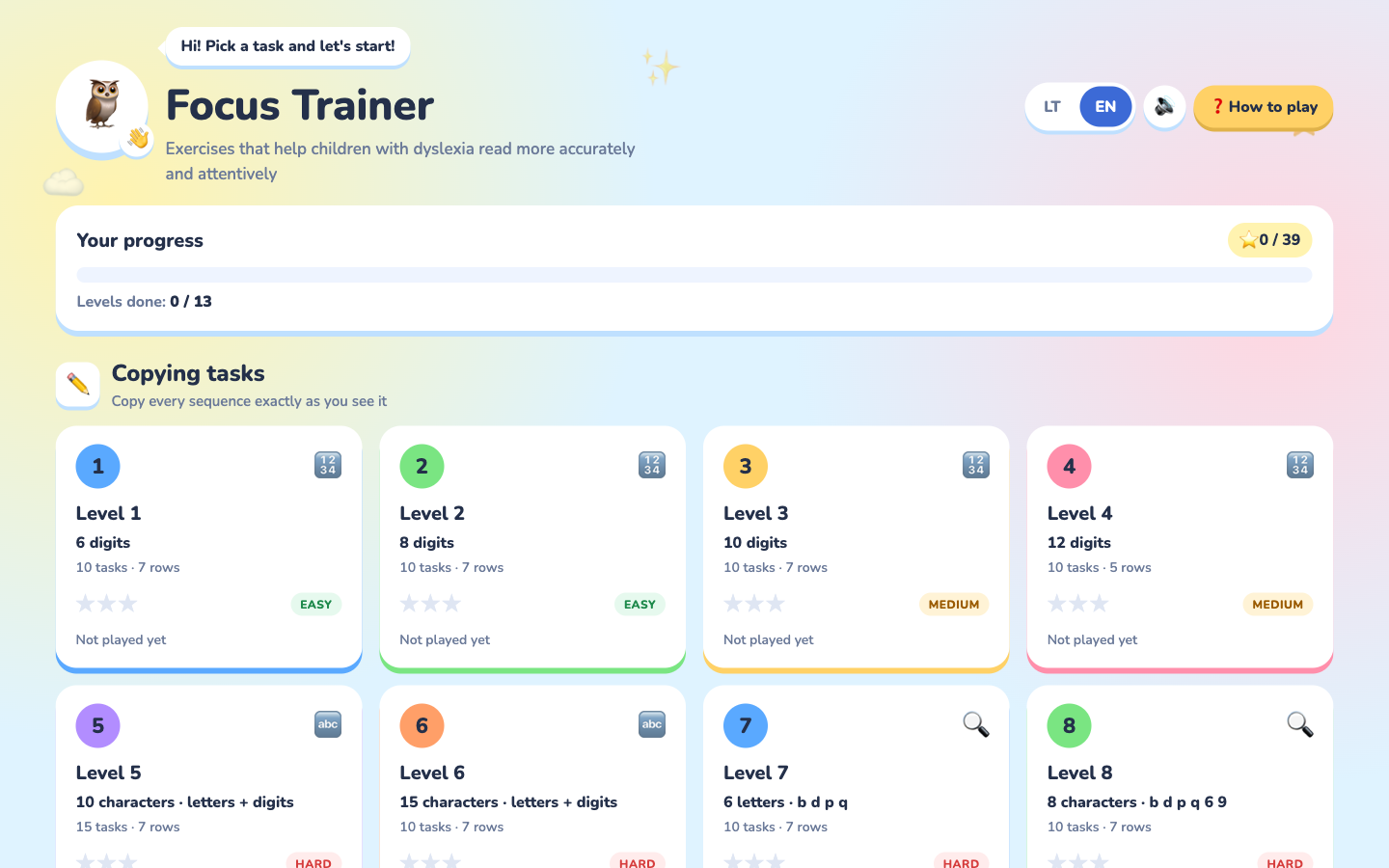 dyslexia123.eu in a browser: the focus trainer’s level map — copying tasks from six digits up to the letters b, d, p, q, with stars for progress.