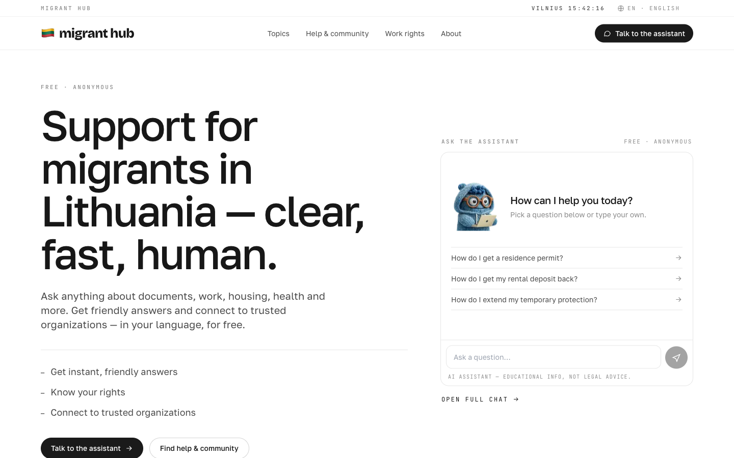 migranthub.lt in a browser: the assistant with suggested questions about school, medical emergencies and residence permits.